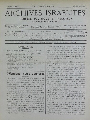 Archives israélites de France. Vol.73 N°06 (08 févr. 1912)